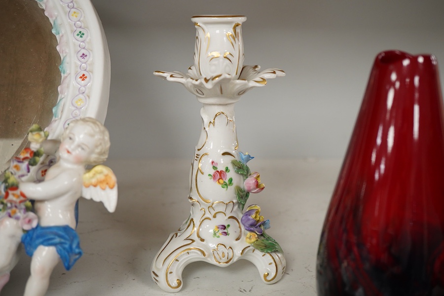 A Dresden style mirror, a Moorcroft pot, Doulton flambé vase and other ceramics, tallest 30cm